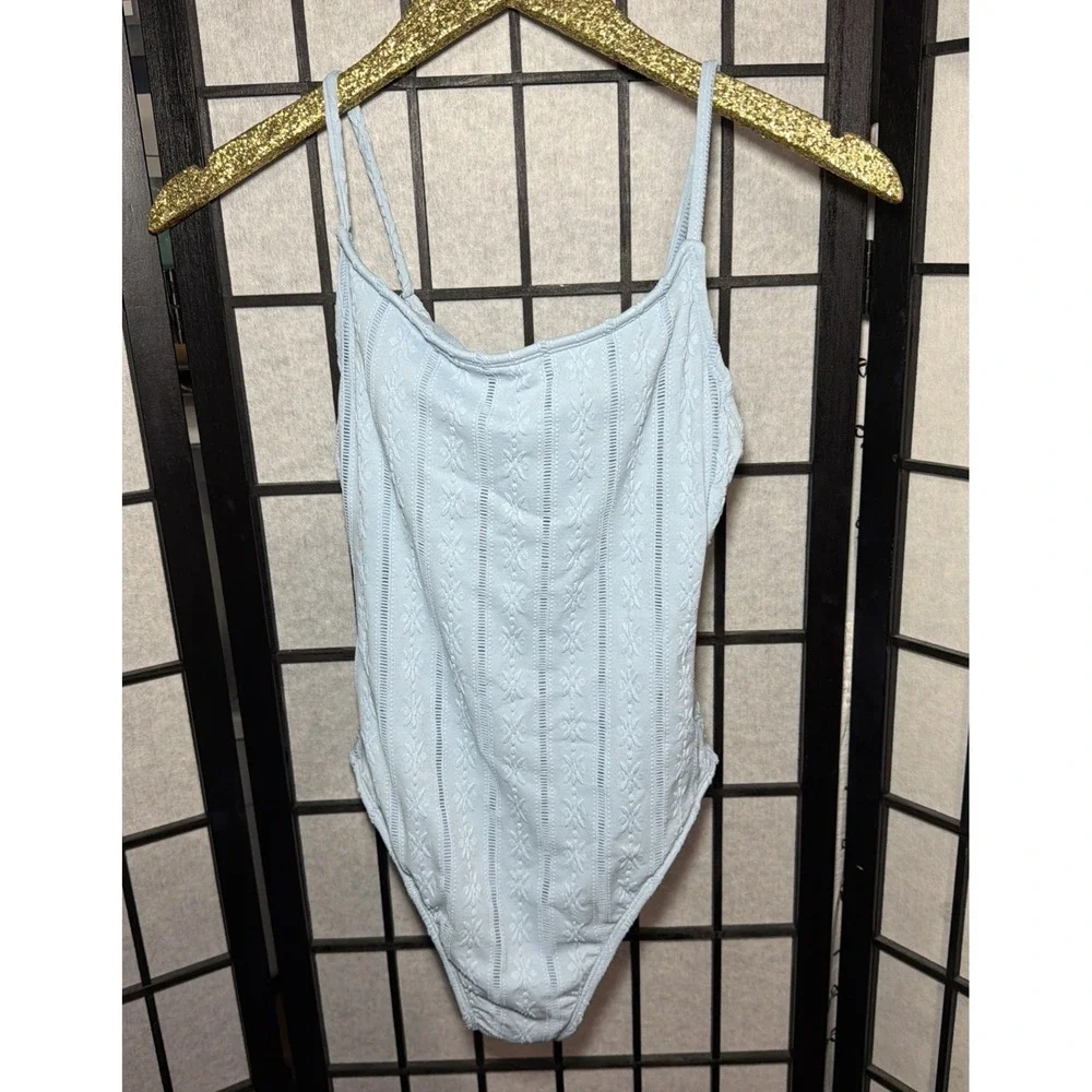 Shade &‎ Shore Blue Eyelet Scoop Neck Cheeky Coverage One Piece Swimsuit Size S